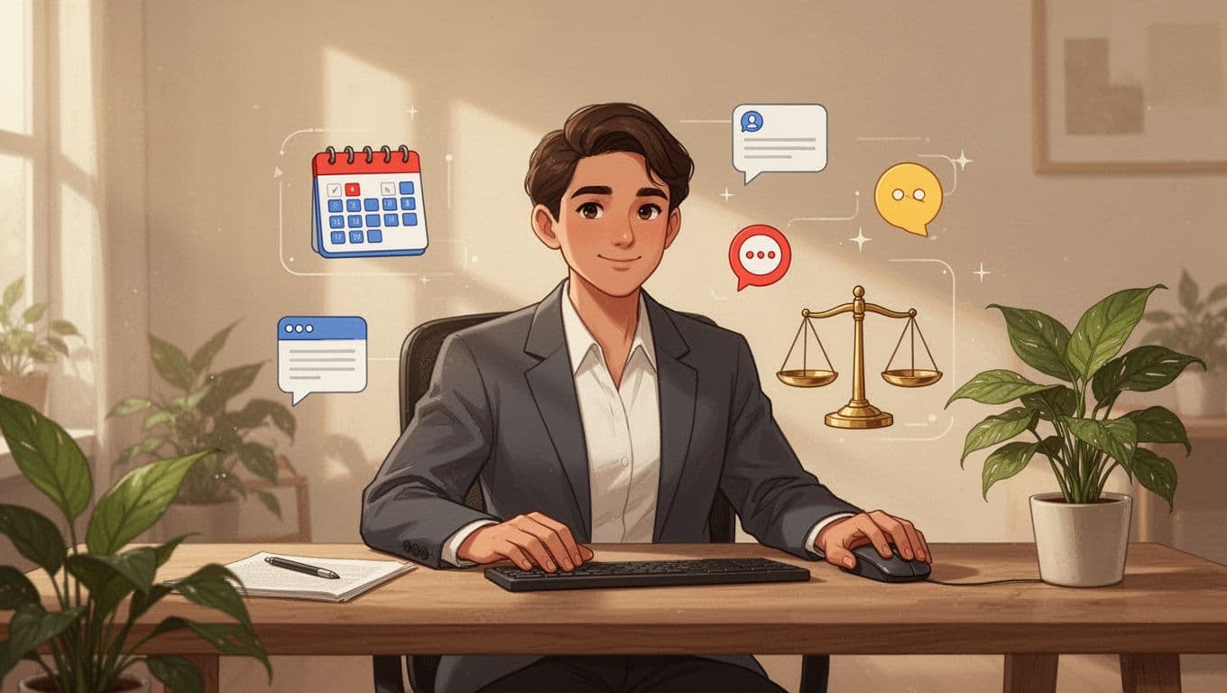 Business owner relaxed at desk with calendar icons, posts, notifications, balanced scales, plants in home office.