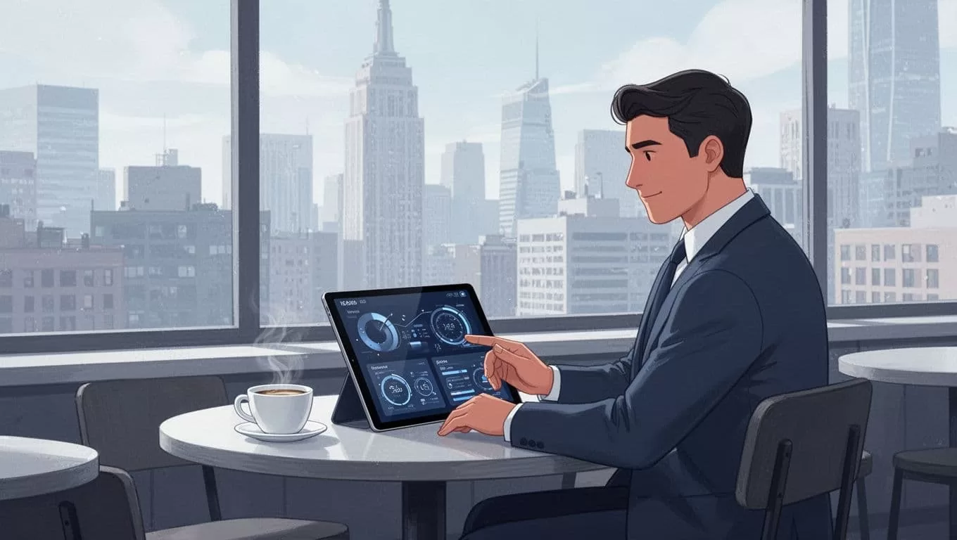 Business owner at cafe table views premium dashboard on tablet with coffee cup and city window view.