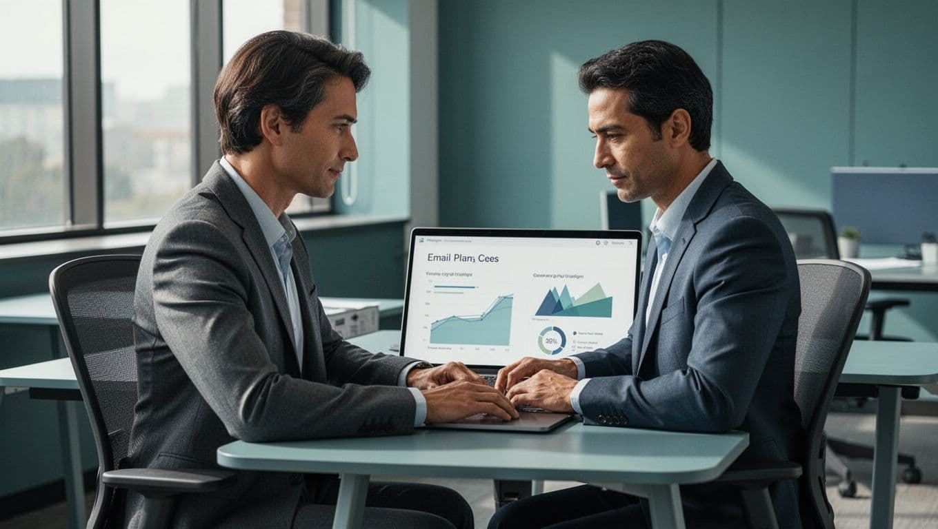 Business owner at desk views Google Workspace email plans on laptop screen.