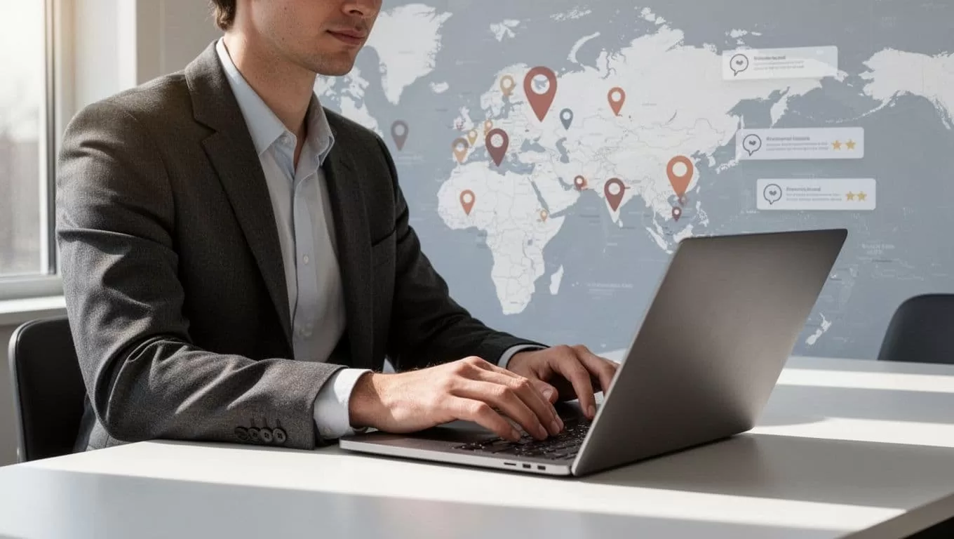 Business owner at desk views Google Business Profile dashboard on laptop with subtle map pins and reviews in background.