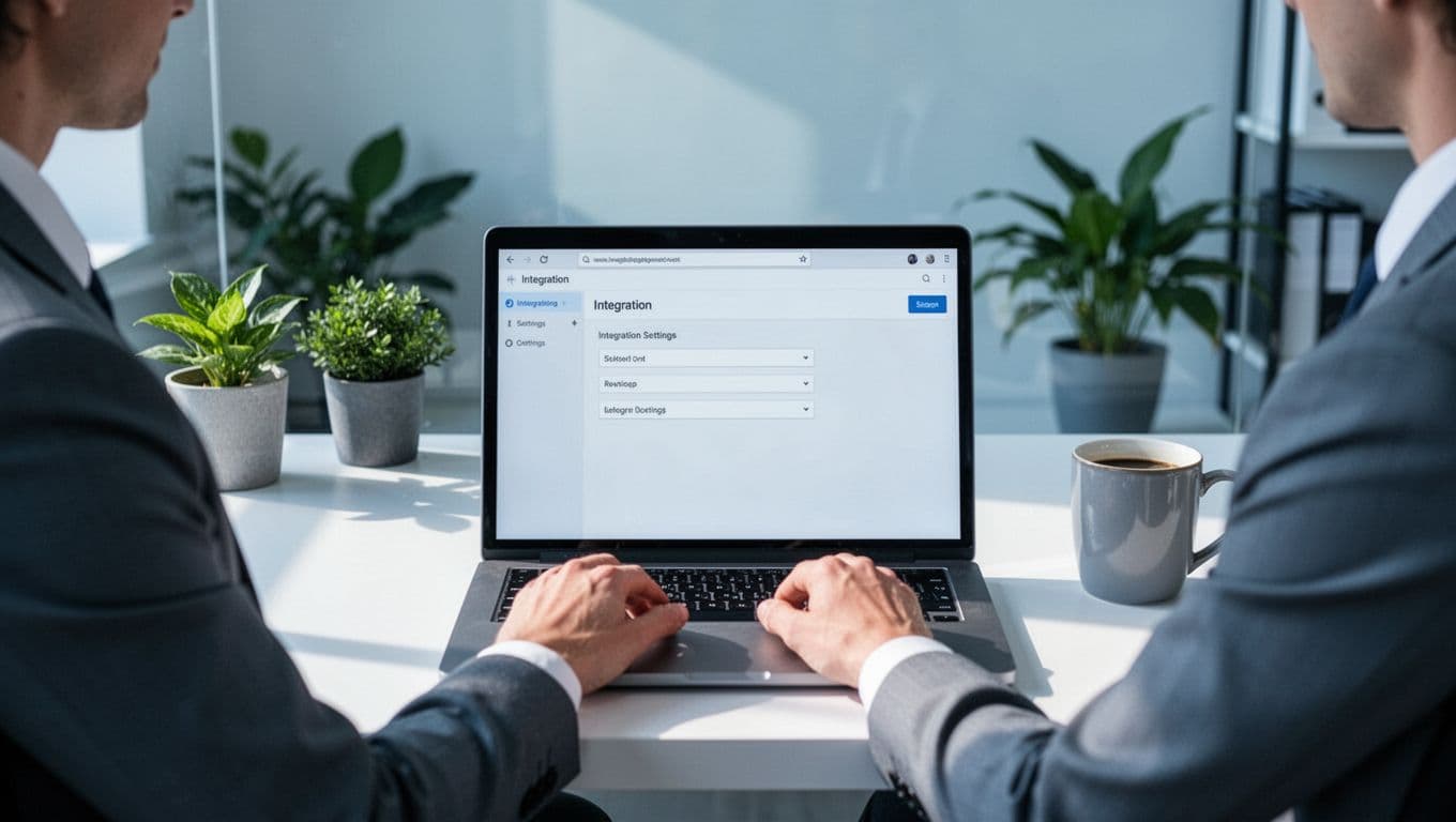 Business owner sits at desk with laptop showing MemberSpace dashboard for Squarespace, hands on keyboard in clean office.