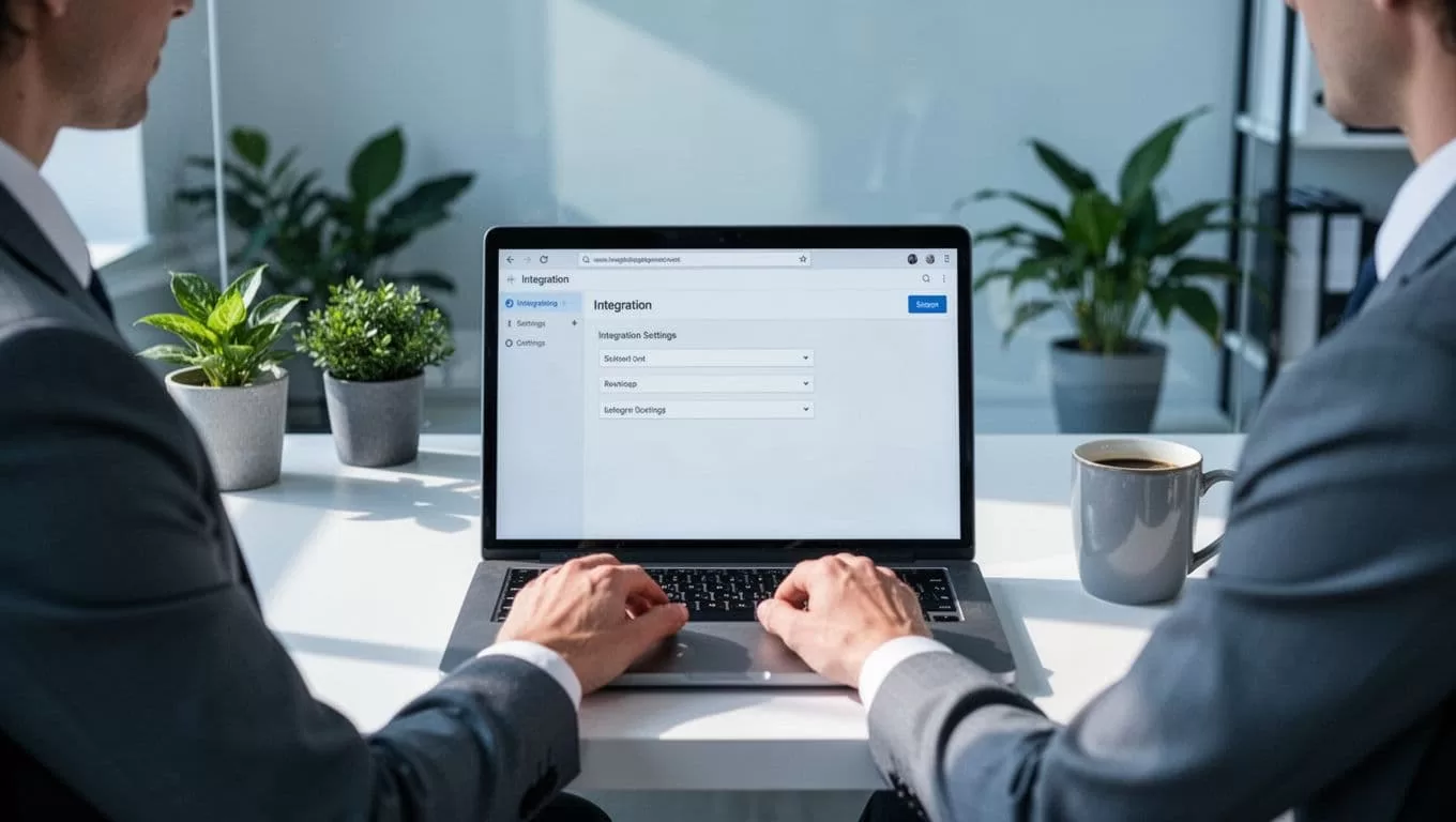 Business owner sits at desk with laptop showing MemberSpace dashboard for Squarespace, hands on keyboard in clean office.