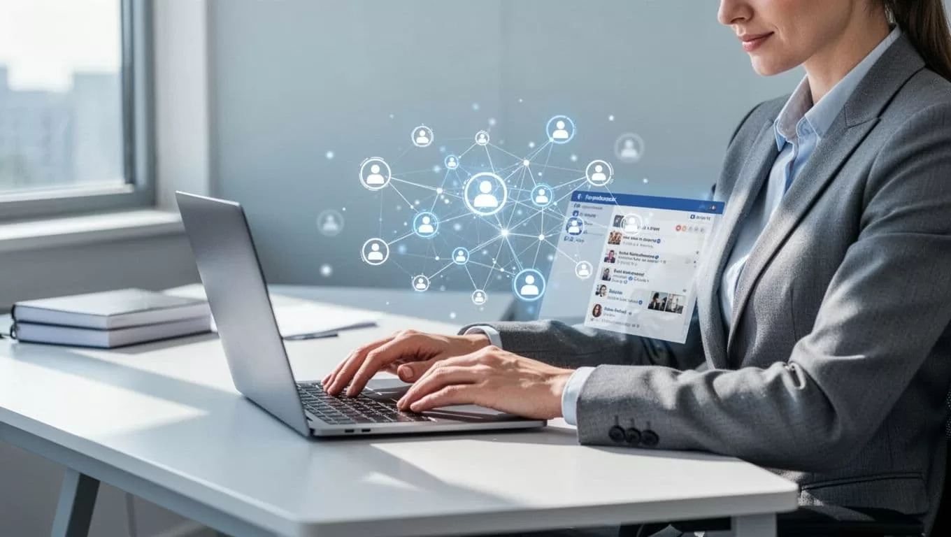 Business owner at modern desk views abstract social network feed of icons and lines on laptop in soft blues and grays.