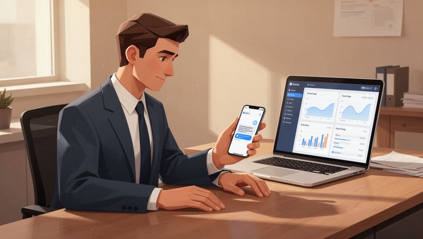 Small business owner at desk with relaxed hands, phone showing incoming WhatsApp message, laptop dashboard in background.