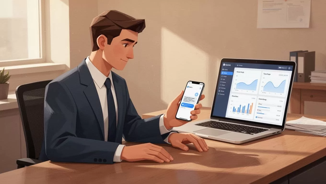 Small business owner at desk with relaxed hands, phone showing incoming WhatsApp message, laptop dashboard in background.