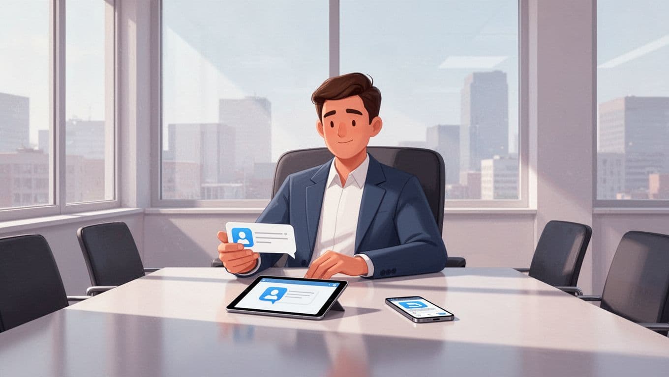 Business person in relaxed pose reviews email on tablet in conference room with phone nearby.