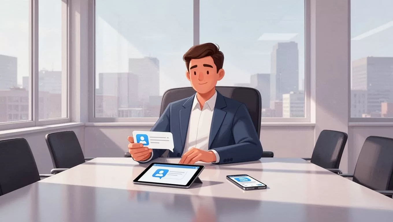 Business person in relaxed pose reviews email on tablet in conference room with phone nearby.