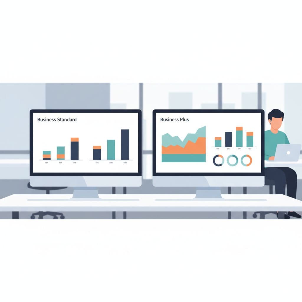 A modern office desk features dual monitors displaying data charts with a person working in the background.