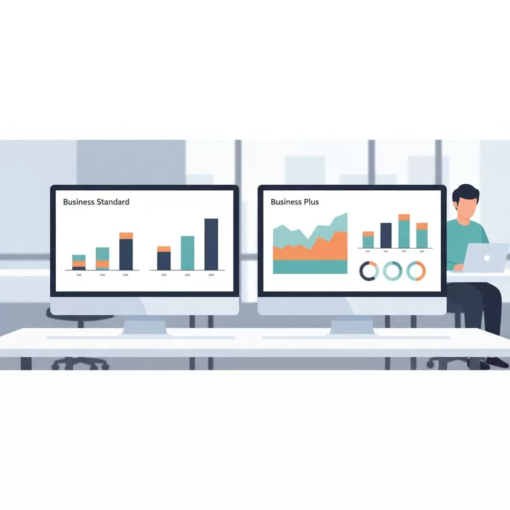 A modern office desk features dual monitors displaying data charts with a person working in the background.