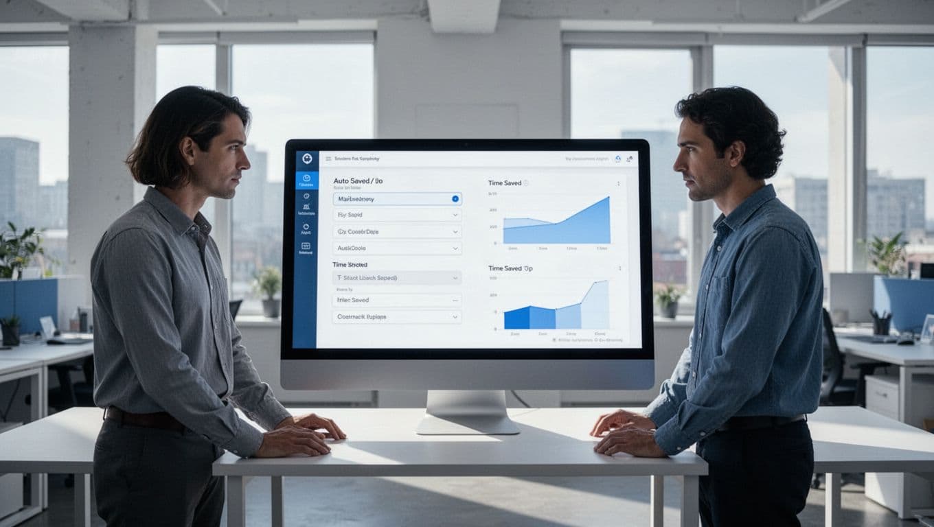 Two professionals in office view screen with auto-completed web forms and time-saving graphs.