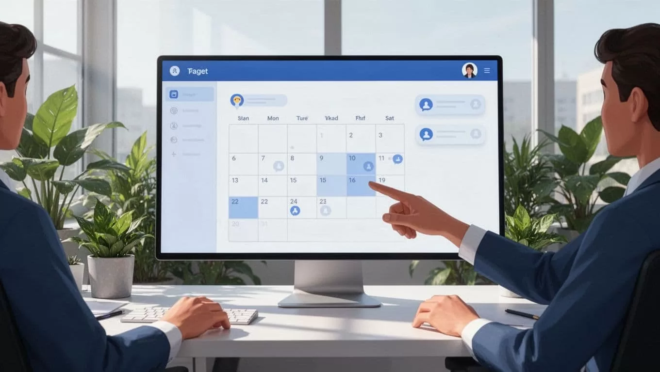 Relaxed hand points to event notifications on shared screen calendar in modern office with plants.