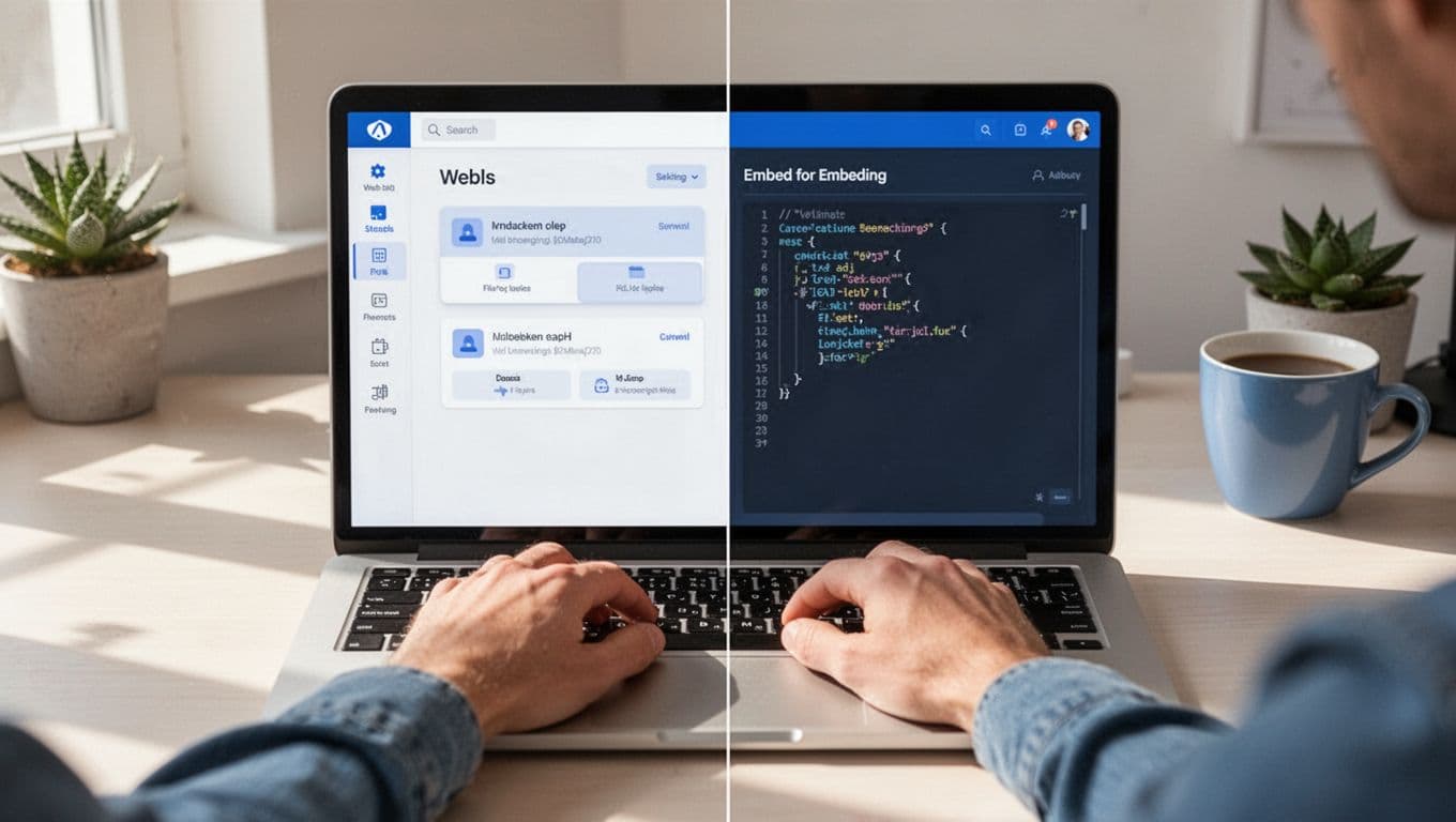 Split-screen laptop shows MemberSpace dashboard and Carrd embed code paste with hands on keyboard in cozy workspace.