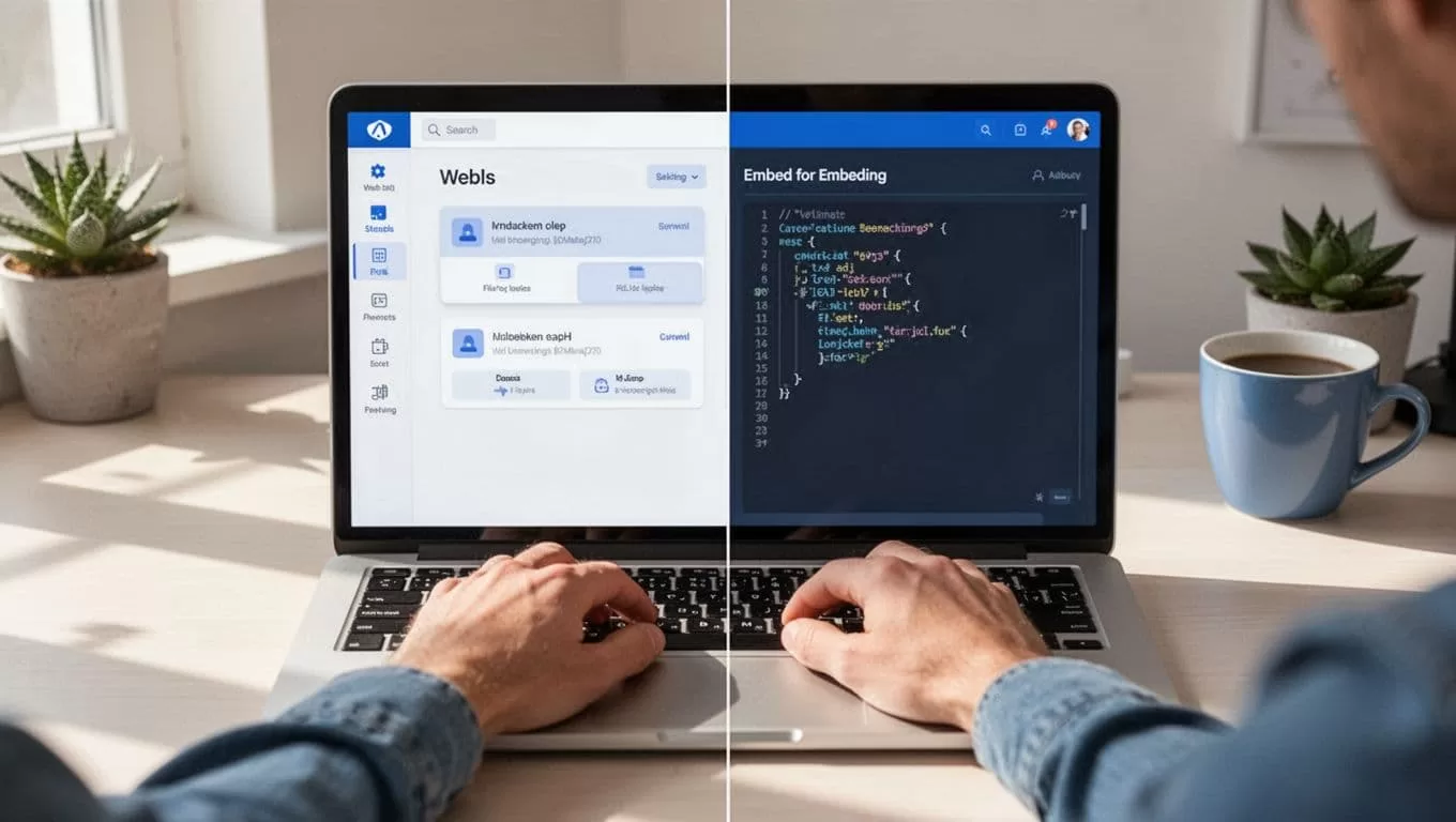Split-screen laptop shows MemberSpace dashboard and Carrd embed code paste with hands on keyboard in cozy workspace.