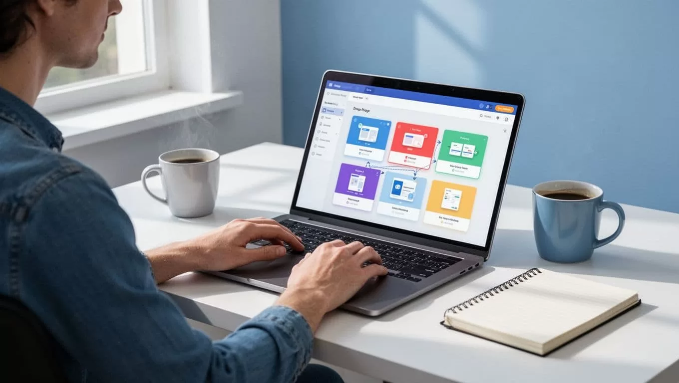 Person at clean desk with open laptop showing Carrd drag-and-drop builder and colorful sections, coffee mug and notebook nearby.