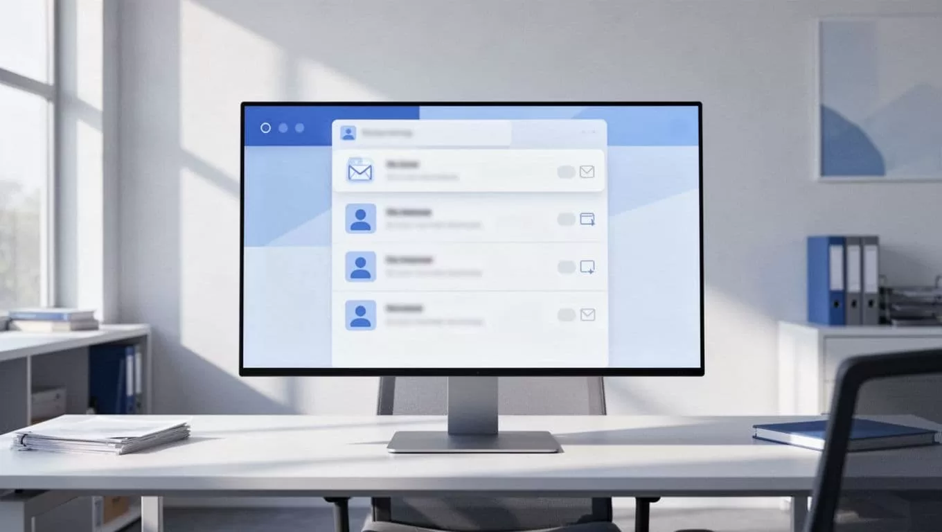 Centered computer screen shows Gmail inbox with incoming catch-all routed emails on subtle office background.