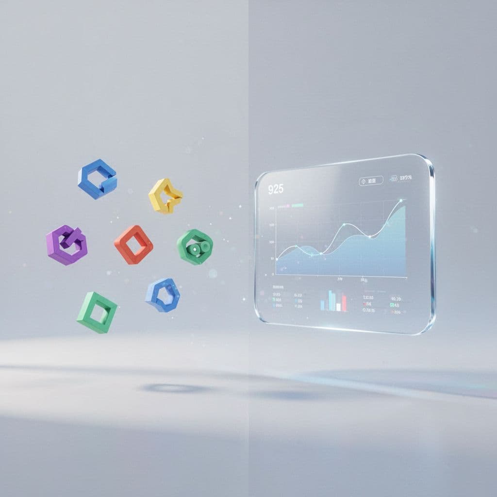 Fragmented data icons transform into a single glowing centralized dashboard panel.