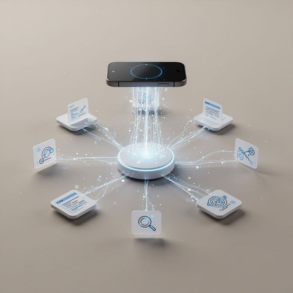 A digital agent collects scattered data points into a single, centralized information hub.