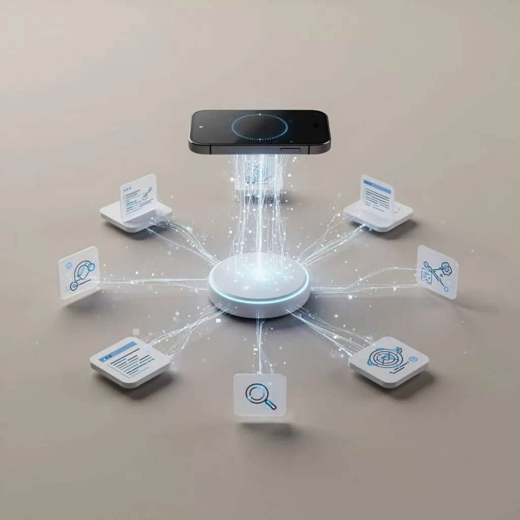 A digital agent collects scattered data points into a single, centralized information hub.