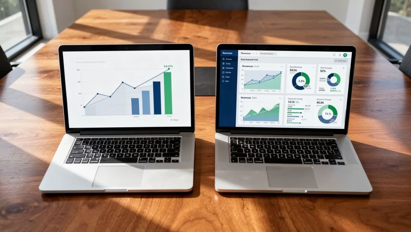 Two laptops side by side on wooden table: left shows simple charts, right detailed metrics dashboard, top-down view.