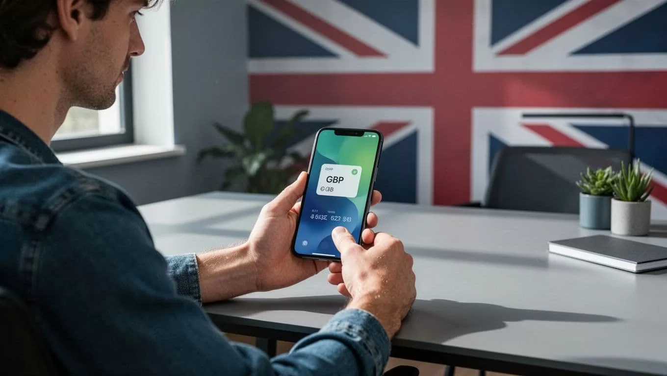Person at modern home office desk checks phone showing Wise app GBP payment alert with abstract UK bank details.