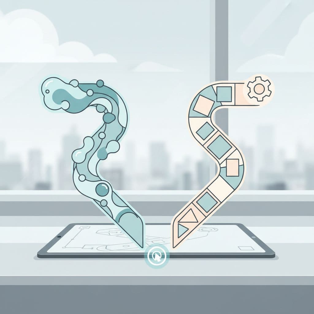 Two abstract paths branch out on a minimalist workspace representing a decision between two software options.