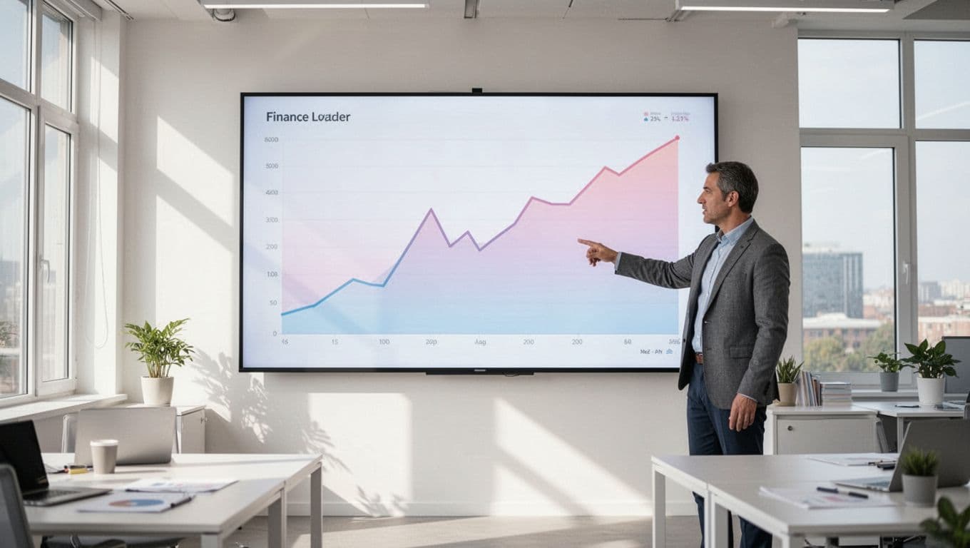 Finance leader points to SaaS dashboard graph showing sharp involuntary churn decline after dunning in bright office.