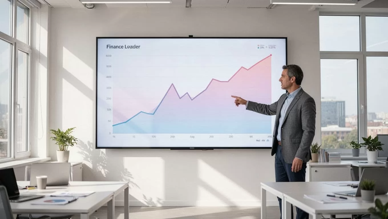Finance leader points to SaaS dashboard graph showing sharp involuntary churn decline after dunning in bright office.