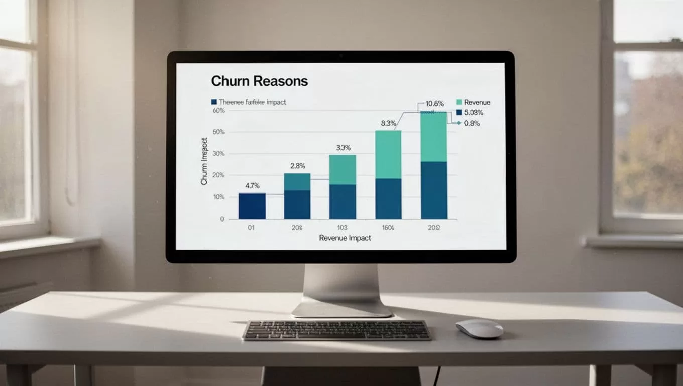 Desktop screen in quiet workspace shows bar chart dashboard breaking down churn reasons by price and features with revenue impact.