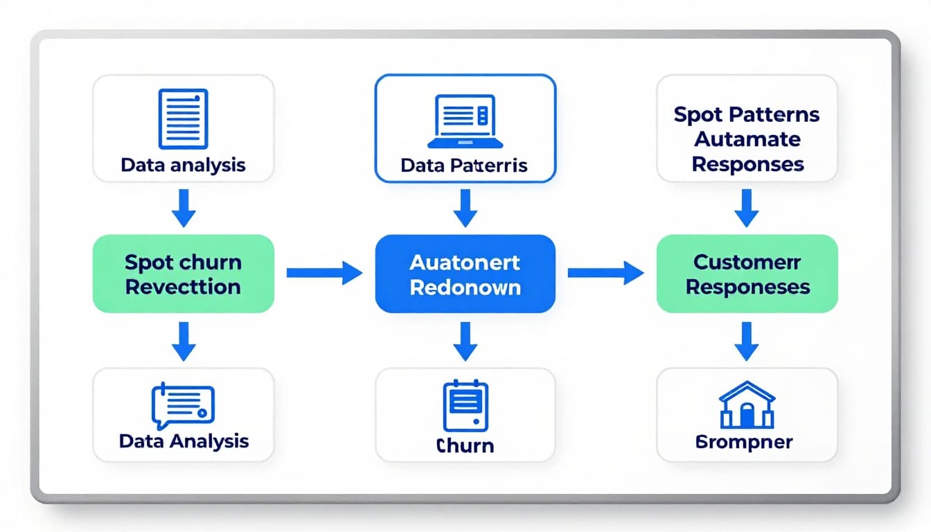 Flowchart on whiteboard shows churn reduction steps with simple icons from data analysis to retention.