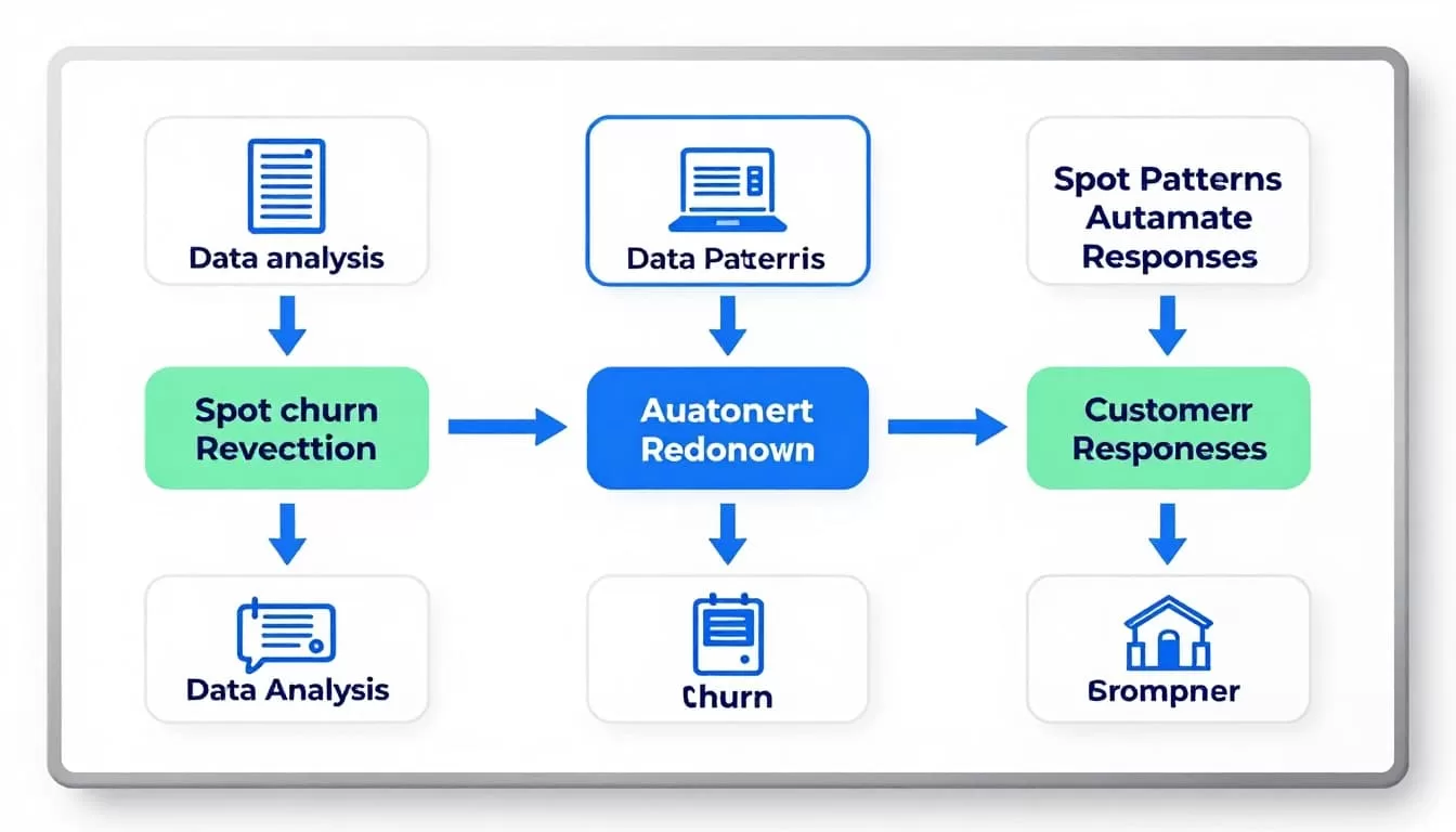 Flowchart on whiteboard shows churn reduction steps with simple icons from data analysis to retention.
