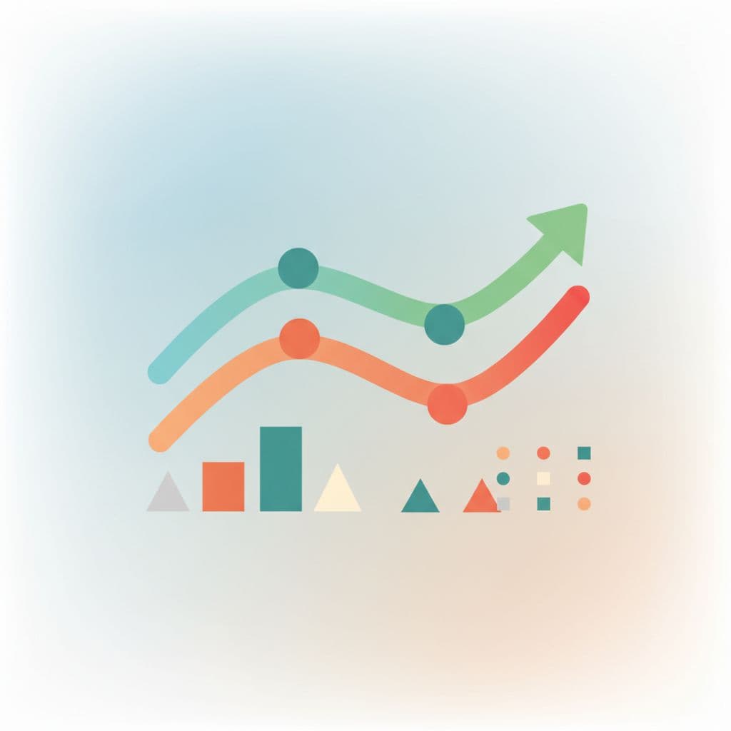A minimalist digital interface displays upward and downward trend lines against soft-toned backgrounds.