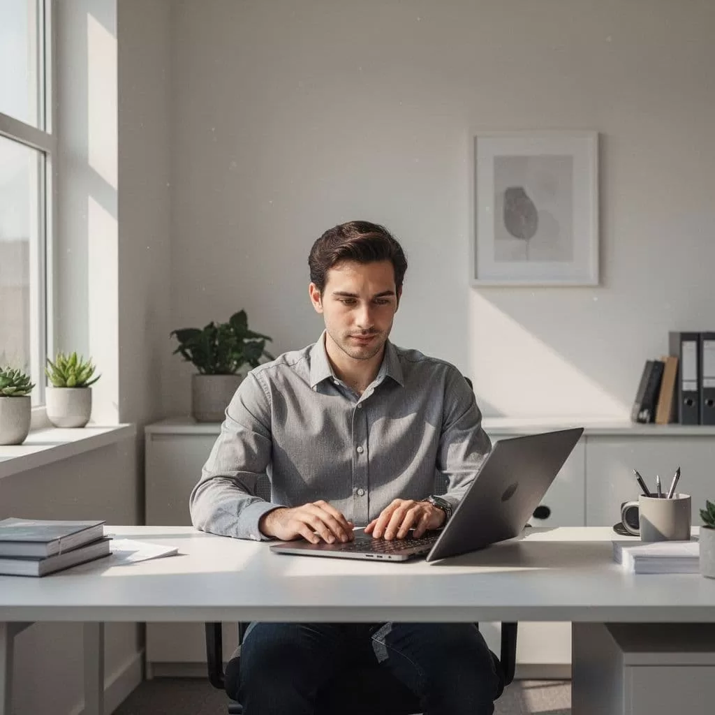 A developer sits at a clean, uncluttered desk focused on a laptop screen while working. The minimalist office environment is bathed in soft, natural daylight that highlights the modern furniture layout.
