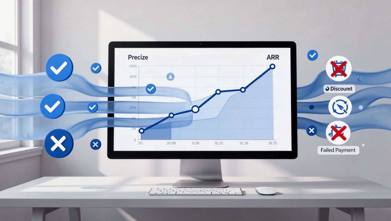 Monitor shows abstract icons of checkmarked clean data streams and crossed-out churn, pause, discount, failed payment icons flowing into ARR chart.