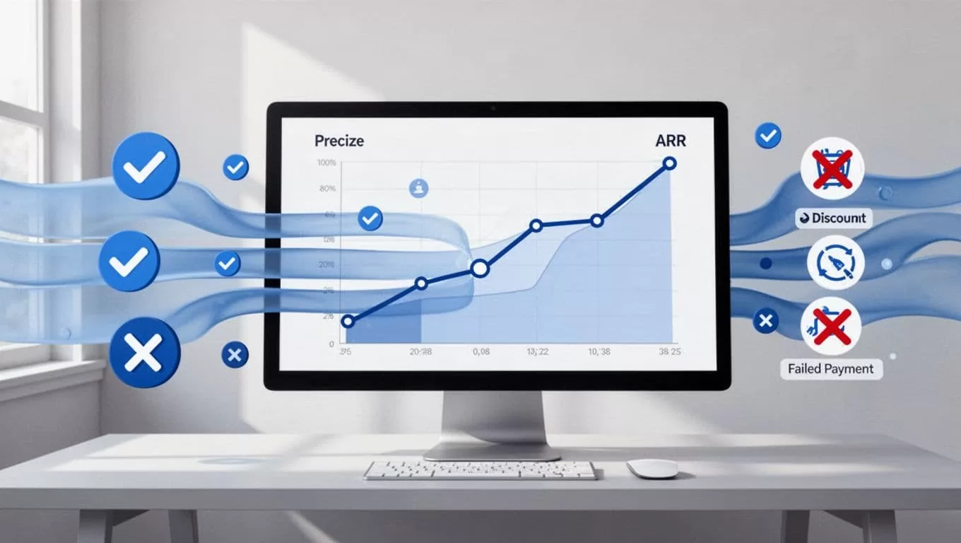 Monitor shows abstract icons of checkmarked clean data streams and crossed-out churn, pause, discount, failed payment icons flowing into ARR chart.