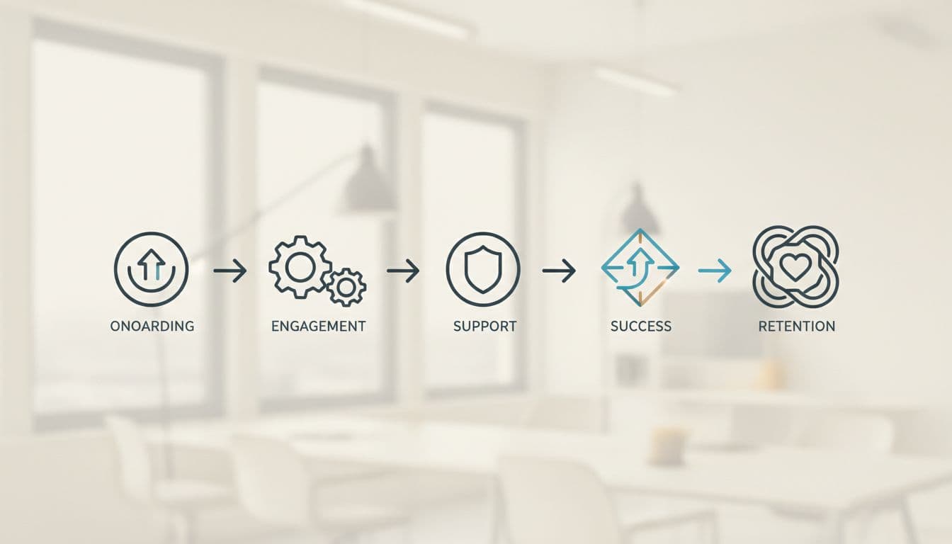 Sequence of abstract icons on flowchart from onboarding to retention against neutral office background.