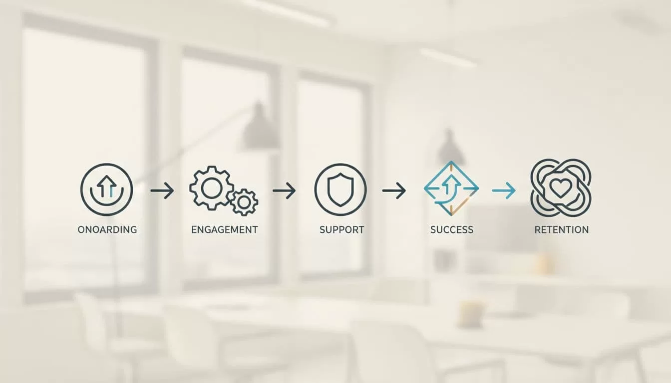 Sequence of abstract icons on flowchart from onboarding to retention against neutral office background.