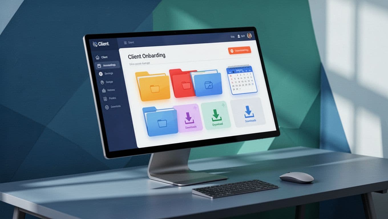Dashboard screen at slight angle on desk shows coaching folders, calendar booking button, and downloads section with mouse nearby.