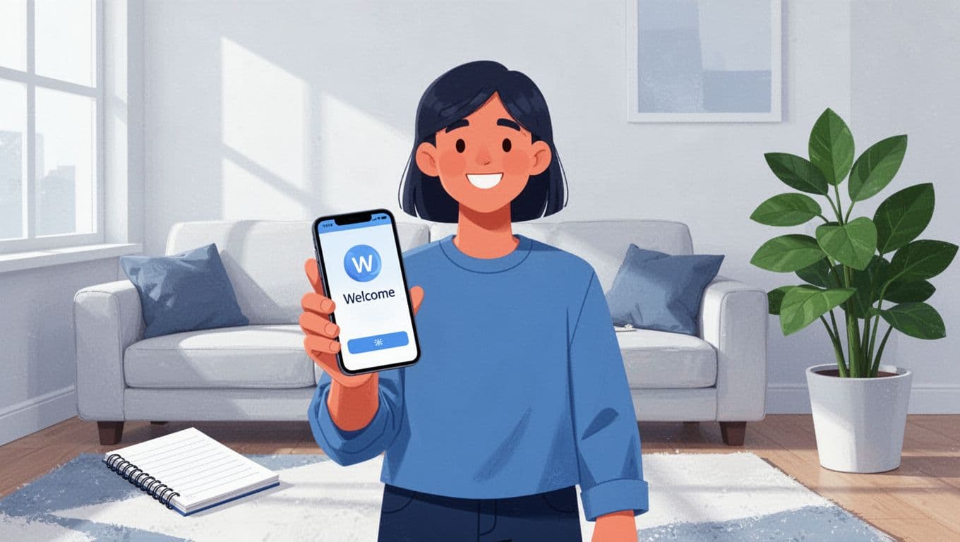 Smiling person holds phone with Skool notification in cozy living room, notebook and plant nearby.