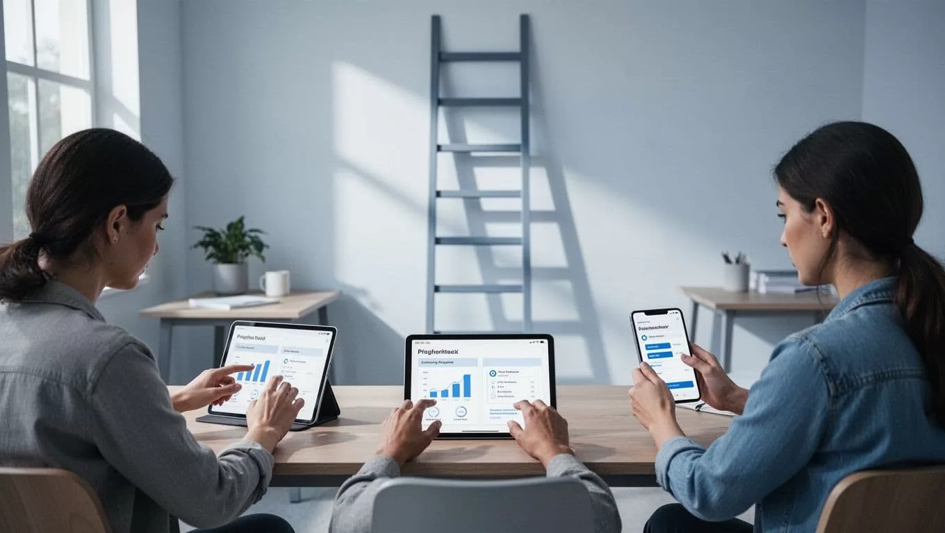 Three clients in home offices view progress modules on tablets and phones around a central course ladder graphic.