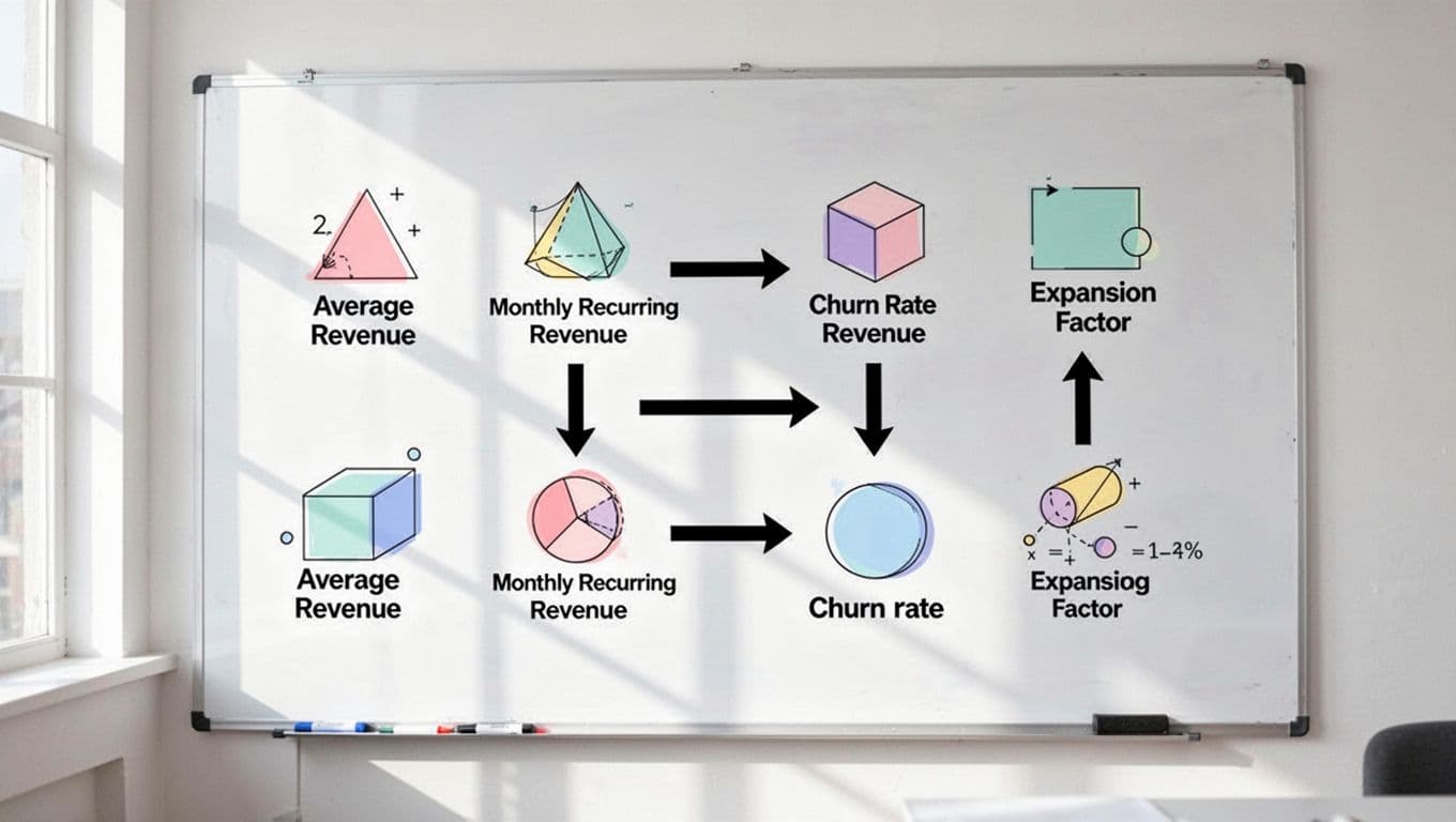 Simple chart on whiteboard shows CLV = ARR / (Churn x Expansion) with arrows linking ARR, churn, and expansion in bright room.