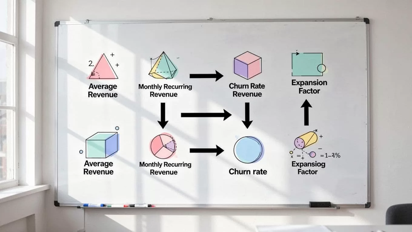 Simple chart on whiteboard shows CLV = ARR / (Churn x Expansion) with arrows linking ARR, churn, and expansion in bright room.