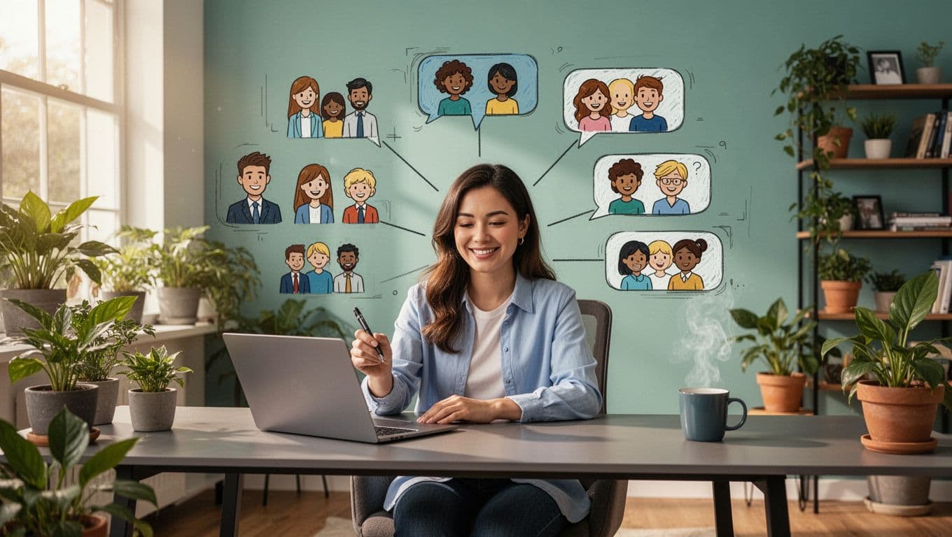 Community coach at desk with open laptop generates branching group icons into chat bubbles with member avatars in cozy home office.
