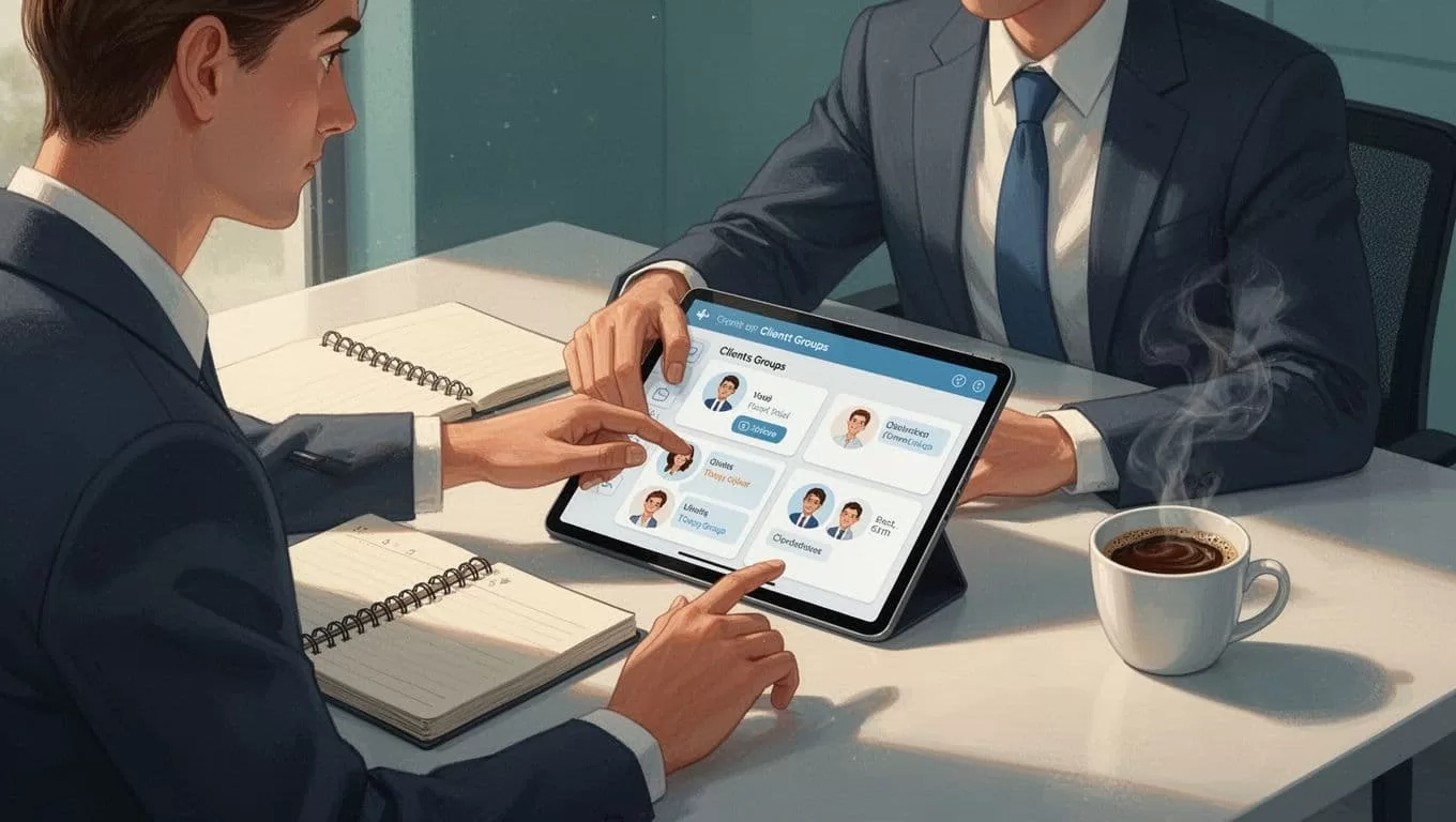 Coach holds angled tablet showing Skool classrooms groups interface in modern workspace with notebook and coffee.