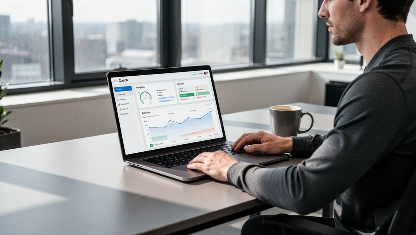 Coach at desk in bright office reviews client progress on angled laptop showing Skool dashboard, coffee mug nearby.