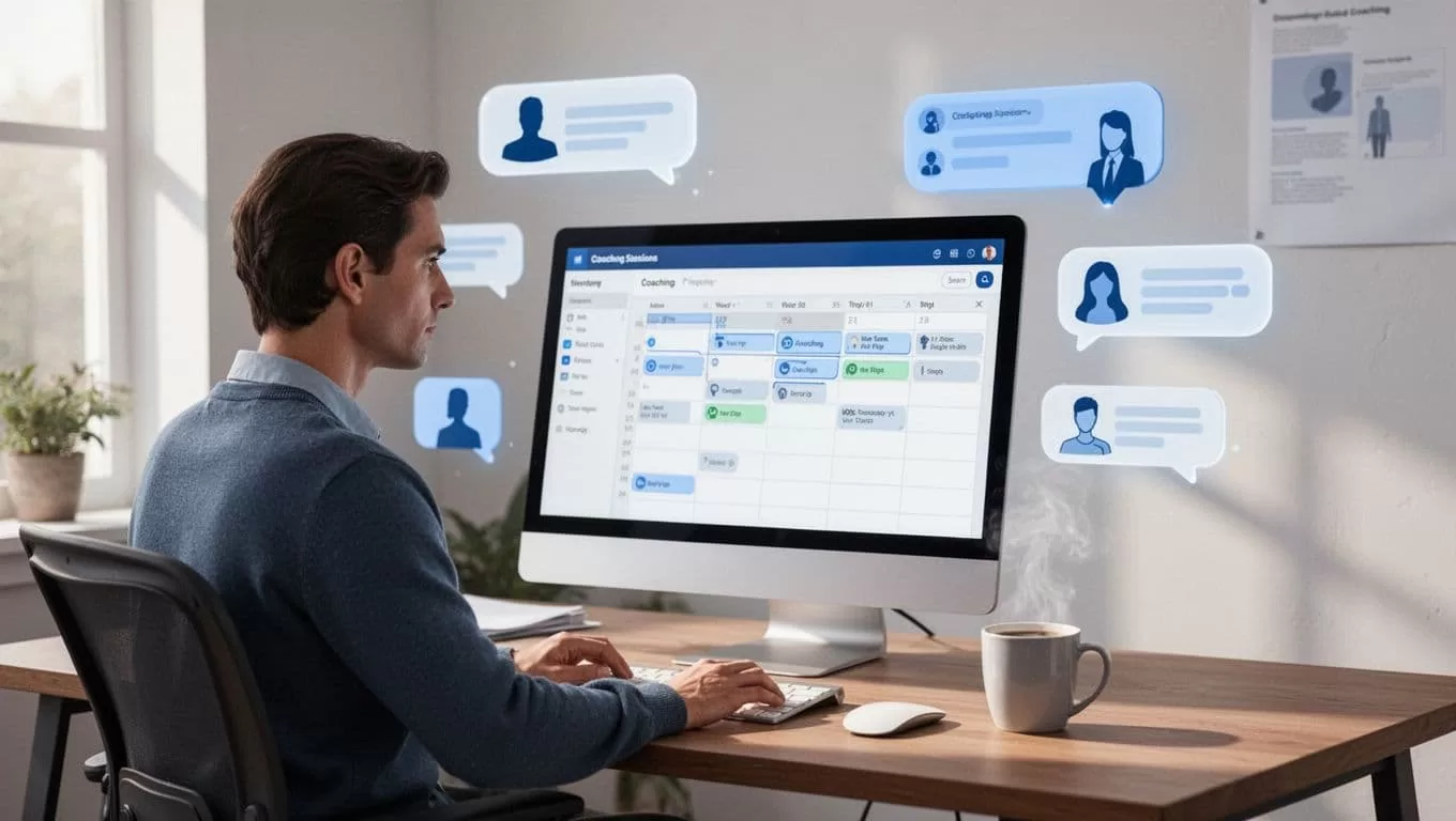 Coach at cozy desk schedules events on desktop Skool calendar, surrounded by chat bubbles and member icons.