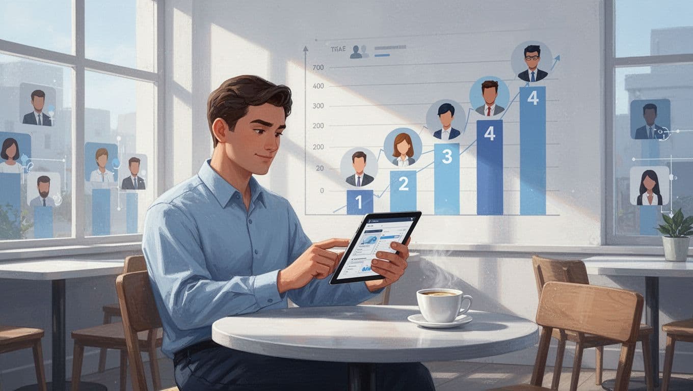 Coach in sunny cafe holds tablet showing leaderboard with client avatars climbing ranks and points levels, coffee cup nearby.