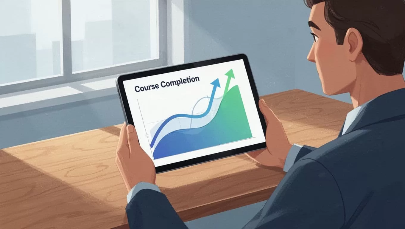 Coach holds tablet displaying rising course completion graphs on a desk.