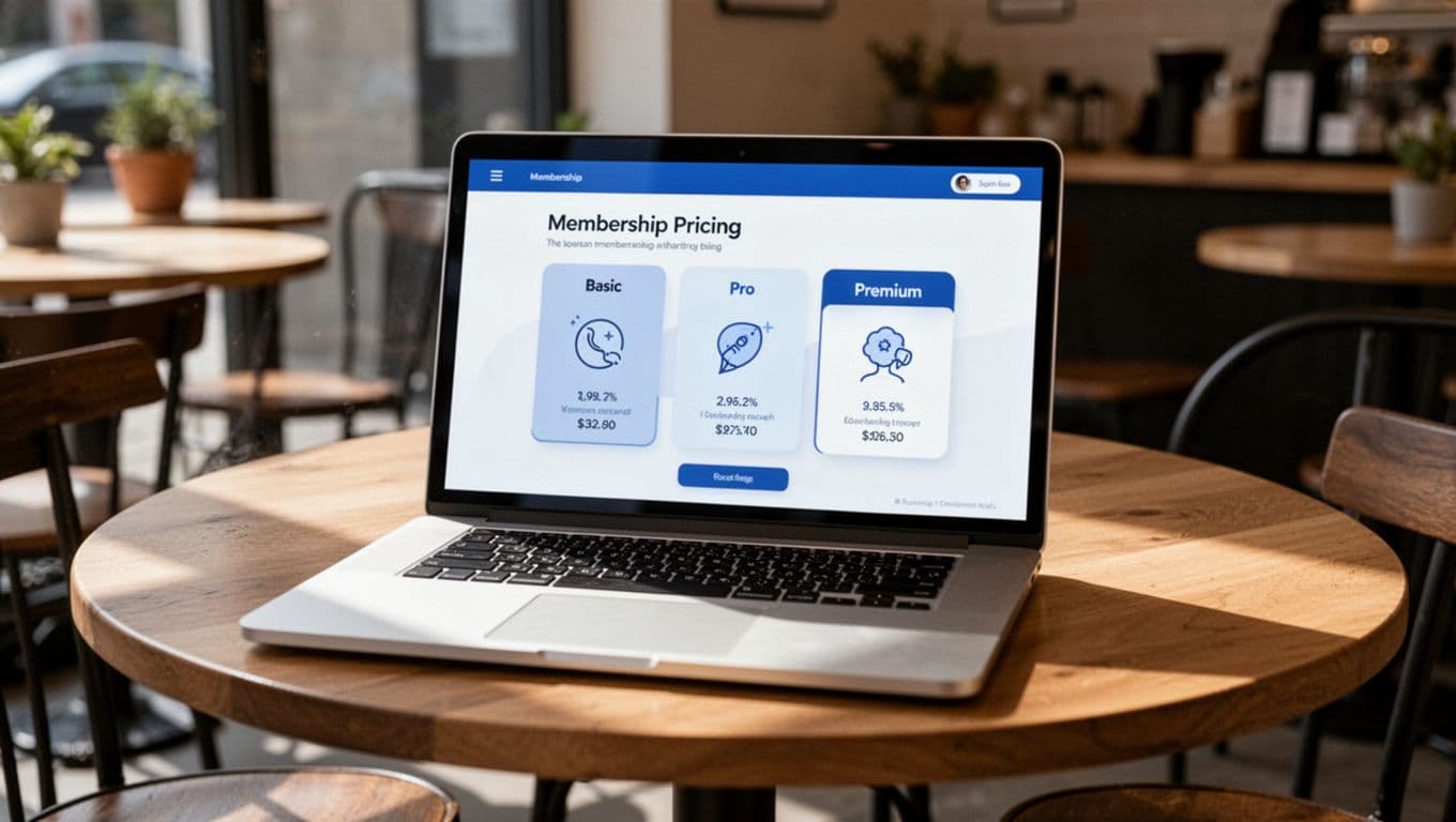 Laptop on coffee shop table displays dashboard with basic, pro, premium pricing tiers icons.