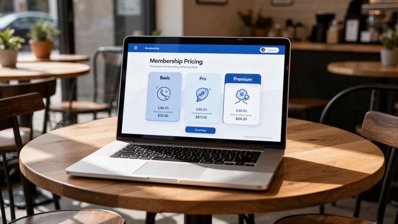 Laptop on coffee shop table displays dashboard with basic, pro, premium pricing tiers icons.