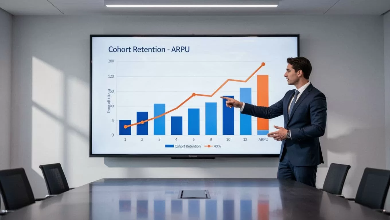 Segmented cohort retention chart on large monitor shows declining bars and rising ARPU lines in minimalist conference room with one professional pointing.